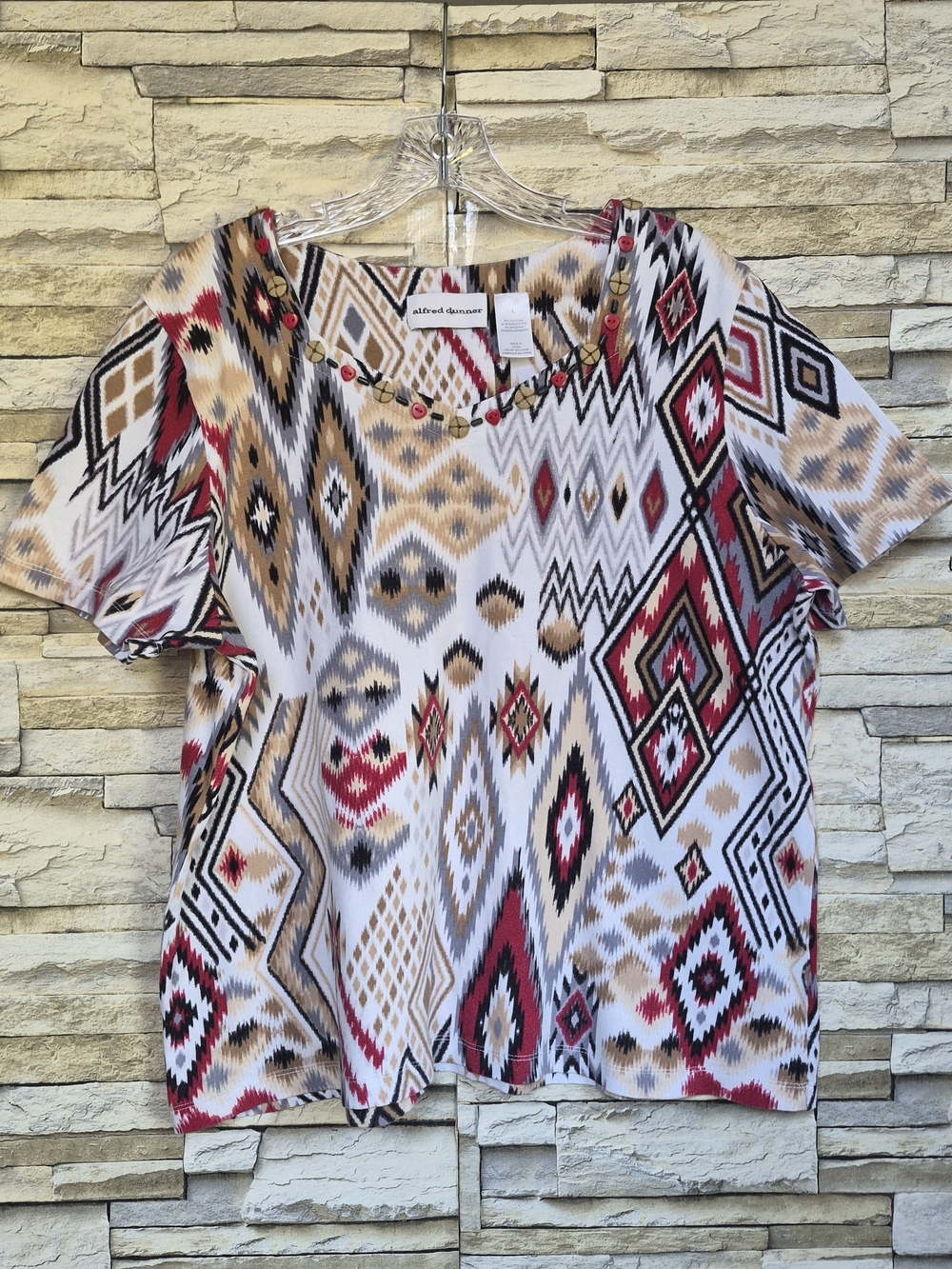 ​Alfred Dunner Top Size Large Geometric Print Short Sleeve Cotton Blend Aztec